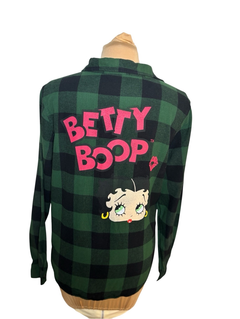 Betty Boop Green Black Buffalo Plaid Flannel Button Front Shirt Size Medium